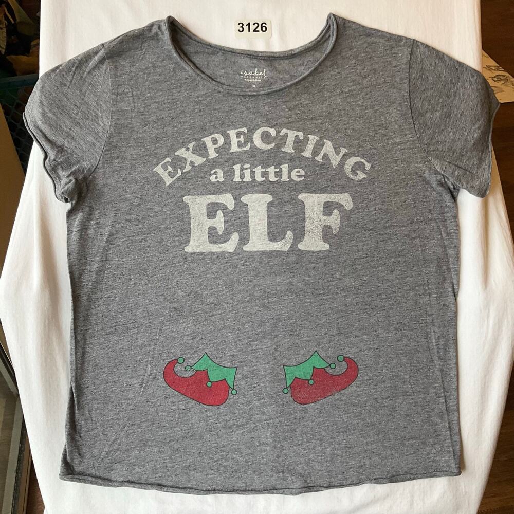 Isabel Maternity Women Short Sleeve T-shirt size XL,Gray, Expecting A Little Elf
